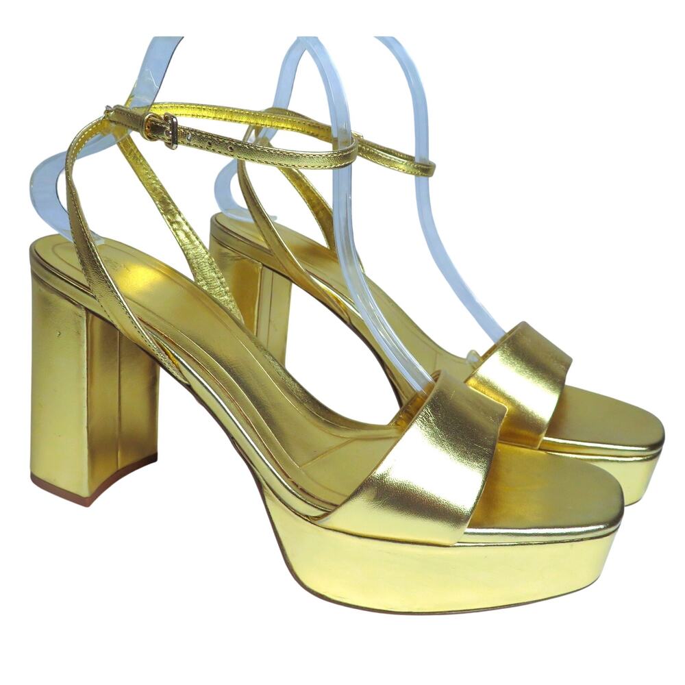 New ZARA Gold Faux Leather Platform Chunky Heel Ankle Strap Sandals Sz 11 EU 42